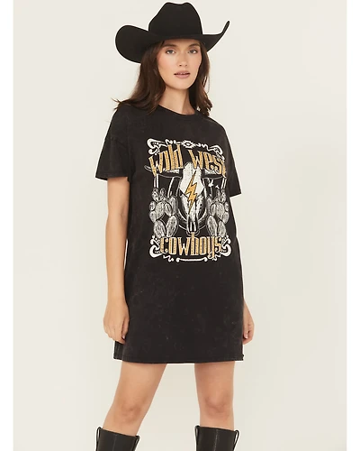 Rock & Roll Denim Women's Wild West Short Sleeve Graphic Mini T-Shirt Dress