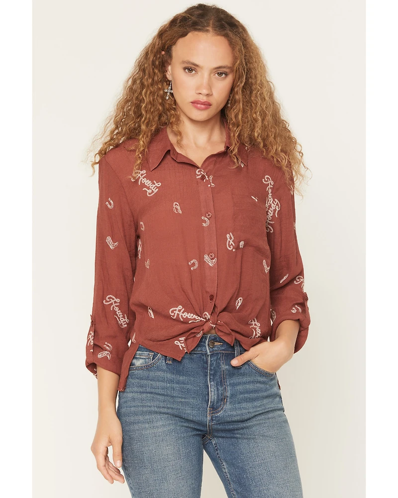 June & Hudson Women's Western Embroidered 3/4 Sleeve Button-Down Shirt