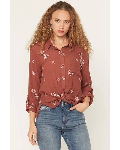 June & Hudson Women's Western Embroidered 3/4 Sleeve Button-Down Shirt