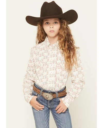 Panhandle Girls' Cowboy Print Long Sleeve Snap Western Shirt