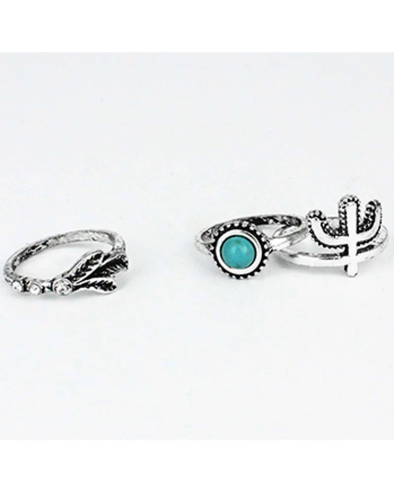 Shyanne Women's Silver 3-piece Cactus Turquoise Stone Ring Set