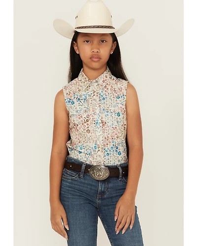 Shyanne Girls' Floral Print Sleeveless Snap Western Shirt