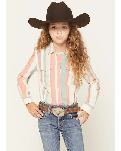 Wrangler Girls' Striped Print Long Sleeve Snap Western Shirt