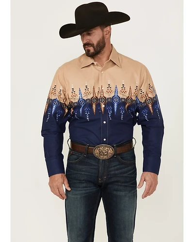 Panhandle Men's Southwestern Print Border Long Sleeve Snap Western Shirt