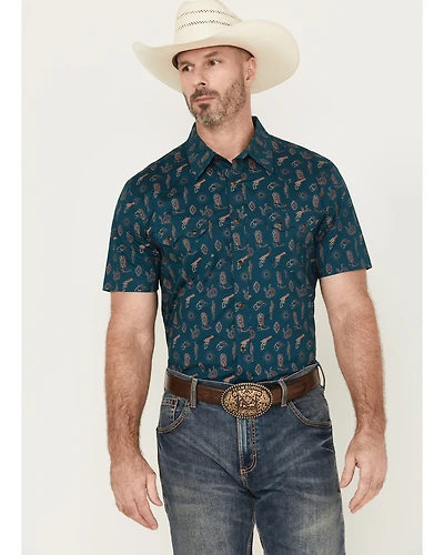 Rock & Roll Denim Men's Cowboy Print Short Sleeve Snap Stretch Western Shirt