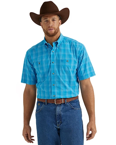 George Strait by Wrangler Men's Plaid Print Short Sleeve Button-Down Stretch Western Shirt - Tall