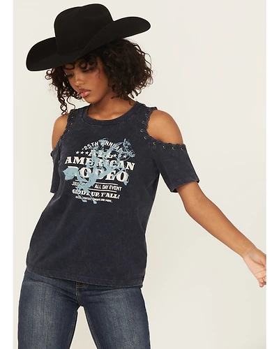 Shyanne Women's All American Rodeo Cold Shoulder Short Sleeve Graphic Tee