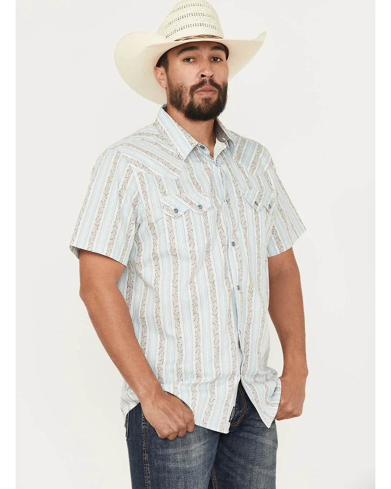 Moonshine Spirit Men's Hula Girl Floral Striped Print Short Sleeve Snap Western Shirt