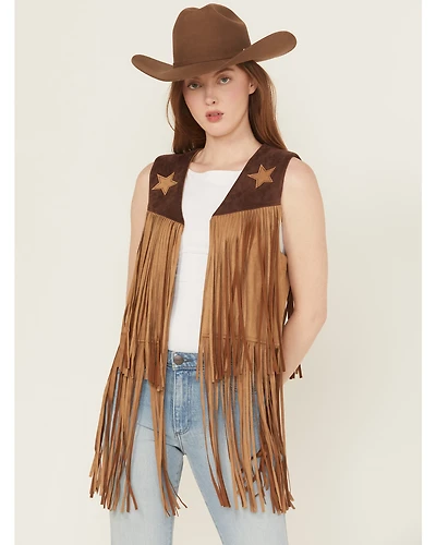 Saints & Hearts Women's Faux Suede Star Tiered Fringe Vest