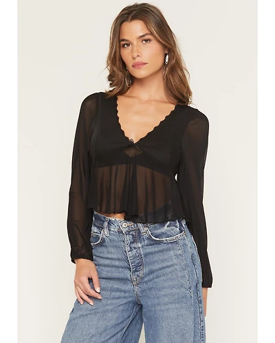 Wild Moss Women's Sheer Printed Long Sleeve Baby Doll Top