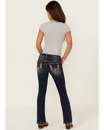 Shyanne Girls' Medium Wash Cowhide Pocket Bootcut Stretch Denim Jeans