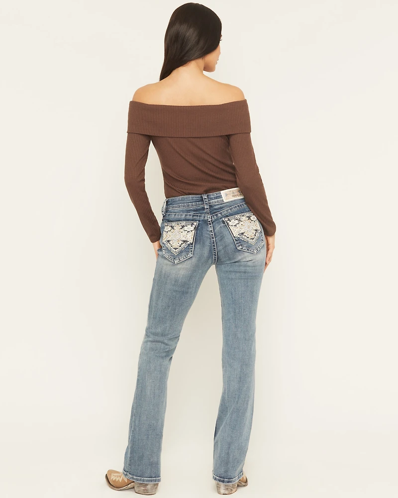 Grace LA Women's Medium Wash Mid Rise Geo Embroidered Bootcut Stretch Denim Jeans