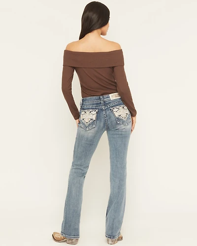 Grace LA Women's Medium Wash Mid Rise Geo Embroidered Bootcut Stretch Denim Jeans