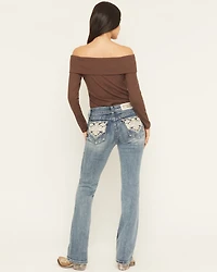 Grace LA Women's Medium Wash Mid Rise Geo Embroidered Bootcut Stretch Denim Jeans