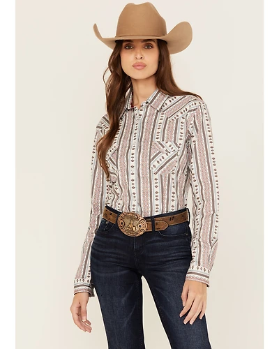 Rough Stock by Panhandle Women's Southwestern Striped Long Sleeve Pearl Snap Stretch Western Shirt