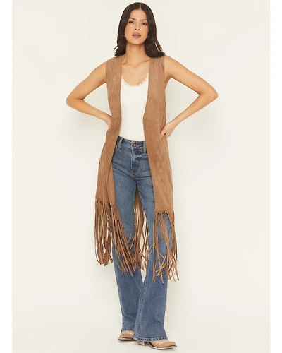 Shyanne Women's Embossed Southwestern Print Fringe Faux Suede Vest