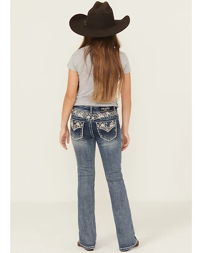 Grace LA Girls' Medium Wash Floral Embroidered Faux Flap Pocket Bootcut Stretch Denim Jeans