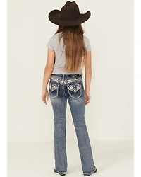 Grace LA Girls' Medium Wash Floral Embroidered Faux Flap Pocket Bootcut Stretch Denim Jeans