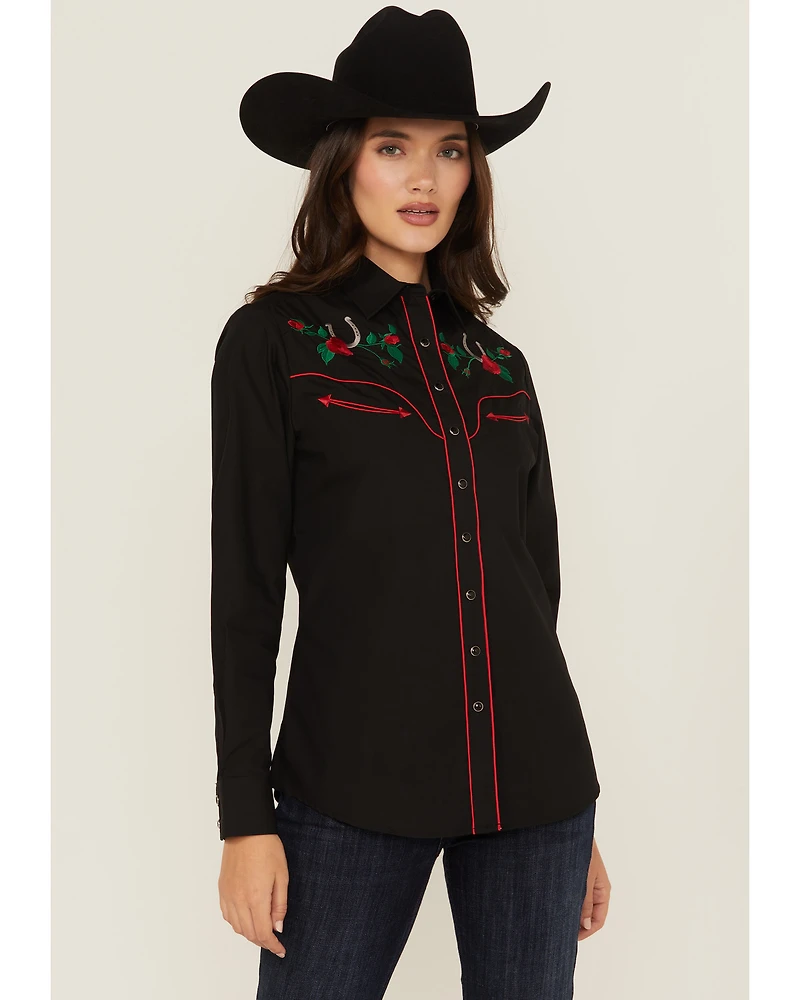 Rodeo Clothing Women's Rose Embroidered Long Sleeve Snap Western Shirt