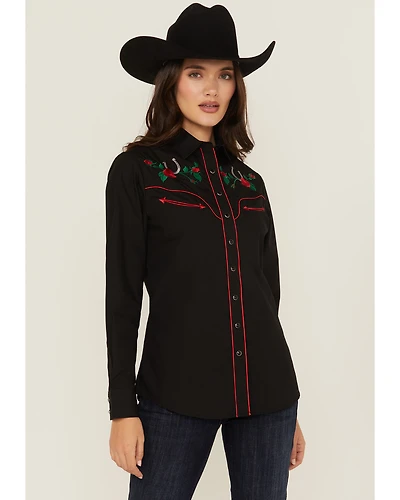 Rodeo Clothing Women's Rose Embroidered Long Sleeve Snap Western Shirt
