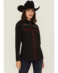 Rodeo Clothing Women's Rose Embroidered Long Sleeve Snap Western Shirt