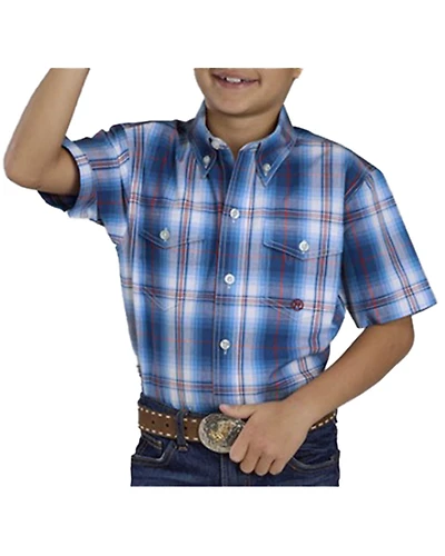 Roper Boys' Plaid Print Short Sleeve Button-Down Western Shirt
