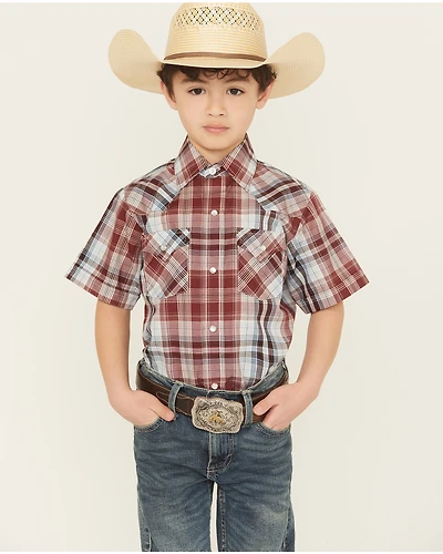 Ely Walker Boys' Plaid Print Short Sleeve Snap Western Shirt