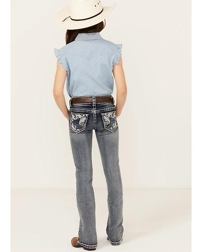 Shyanne Little Girls' Medium Wash Faded Paisley Pocket Stretch Bootcut Jeans