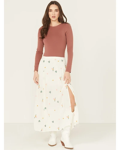 Rock & Roll Denim Women's Floral Embroidered Midi Skirt