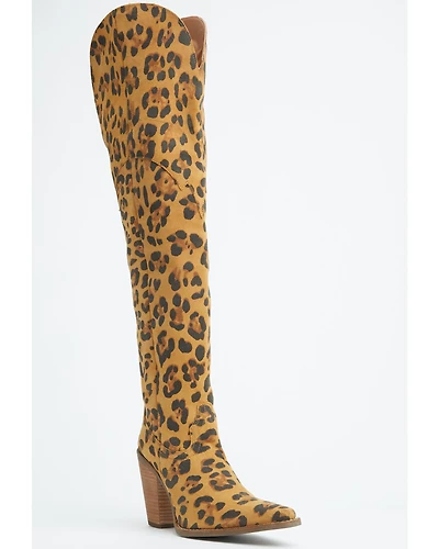 Dingo Women's Diva Leopard Print Thigh High Western Boots - Snip Toe