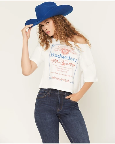 Budweiser Women's Logo Short Sleeve Off the Shoulder Graphic Tee