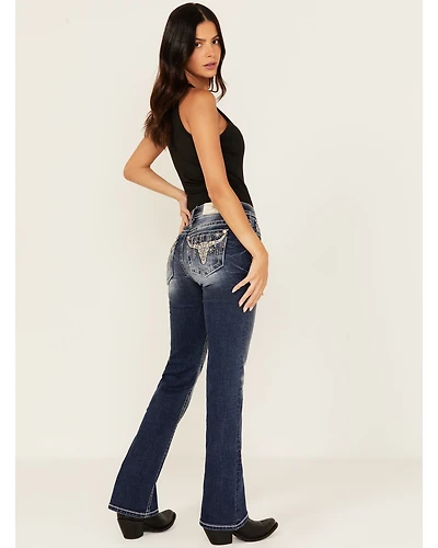 Miss Me Women's Dark Wash Mid Rise Steer Head Pocket 32" Bootcut Stretch Denim Jeans