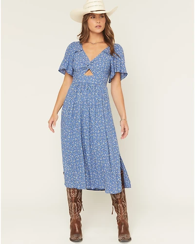 Angie Women's Floral Print Knot Short Sleeve Midi Dress
