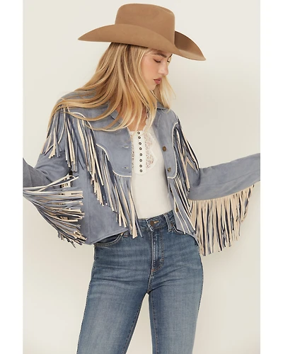 Saints & Hearts Women's Faux Fringe Suede Button-Down Jacket