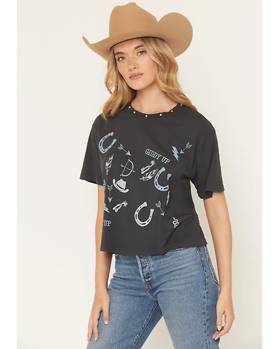 All Us Women's Conversation Embellished Short Sleeve Graphic Tee