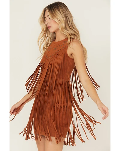 Idyllwind Women's Garland Studded Fringe Faux Suede Sleeveless Mini Dress