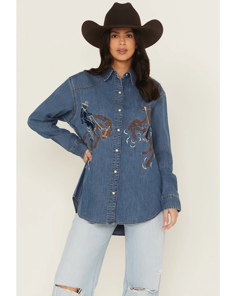 Wrangler Retro Women's Medium Wash Horse Embroidered Long Sleeve Snap Denim Shirt