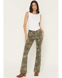 Miss Me Women's Camo Print Mid Rise Flap Pocket 32" Bootcut Stretch Denim Jeans