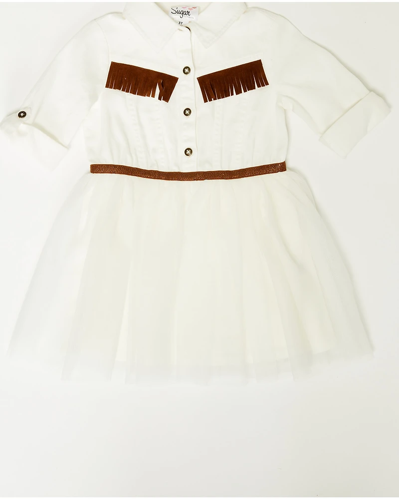 Sugar California Toddler Girls' Fringe Long Sleeve Button-Down Denim Tutu Dress