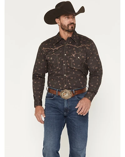 Cowboy Hardware Men's Brand Irons Print Long Sleeve Snap Stretch Western Shirt