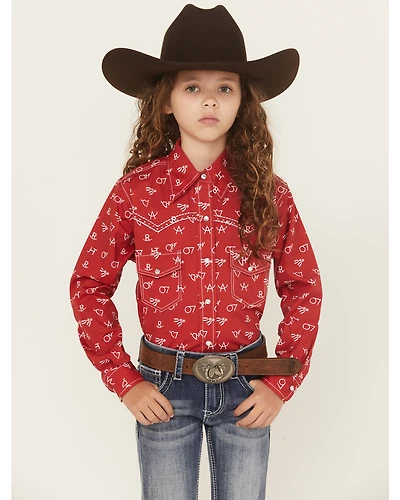 Cowgirl Hardware Girls' Brand Iron Print Long Sleeve Snap Stretch Western Shirt