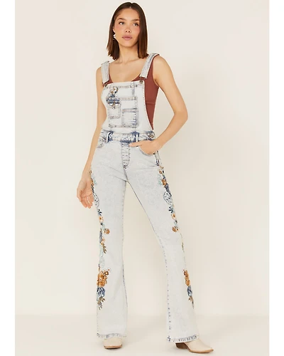 Driftwood Women's Light Wash Embroidered Denim Overalls