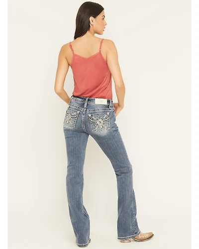 Miss Me Women's Medium Wash Mid Rise Cow Skull Pocket 34" Bootcut Stretch Denim Jeans