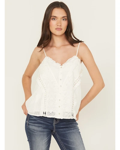 Miss Me Women's Eyelet Sleeveless Button-Down Ruffle Tank Top