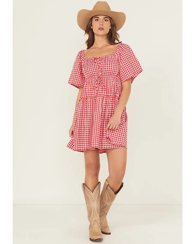 Blue B Women's Gingham Short Sleeve Tie-Front Mini Dress