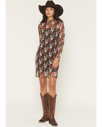 Rock & Roll Denim Women's Horse Print Long Sleeve Mesh Mini Dress