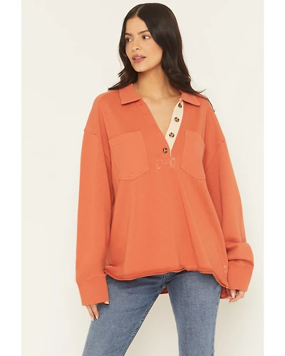 Cleo & Wolf Women's Solid French Terry Long Sleeve Quarter Button-Down Shirt