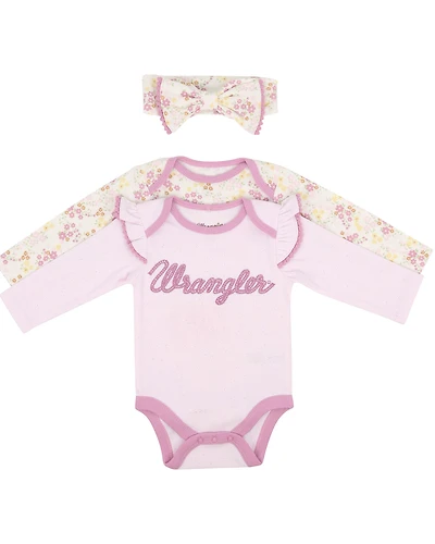 Wrangler Infant Girls' Logo And Floral Long Sleeve Snap Onesie Set - 3 Piece