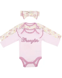Wrangler Infant Girls' Logo And Floral Long Sleeve Snap Onesie Set - 3 Piece