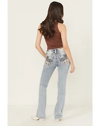 Miss Me Women's Medium Wash Mid Rise Americana Fleur de Lis 32" Bootcut Stretch Denim Jeans